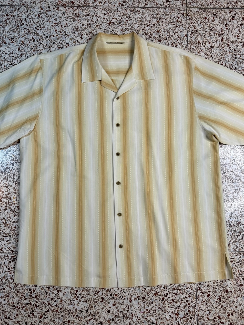 Tommy Bahama‎ Silk Striped Shirt Beige White Yellow Short Sleeve Button-Up XL